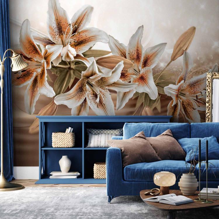 Wall Mural Chocolate lilies - flowers on a brown background with light glow effect