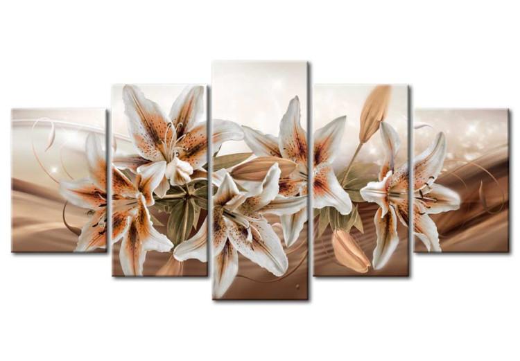 Canvas Print Brown Graces (5-piece) - Plump Lilies and Brown Ornaments in the Background