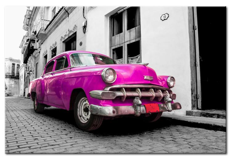 Canvas Print Pink Cuban Car (1-piece) - Car Against a Black and White Cityscape