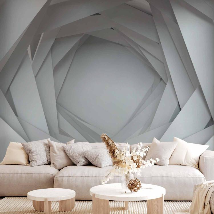 Wall Mural Geometric abyss - futuristic corridor with 3D effect in grey