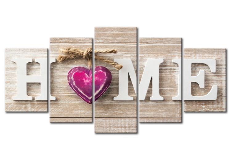 Canvas Print Heart in Home (5-part) - Text on Wooden Background in Retro Style