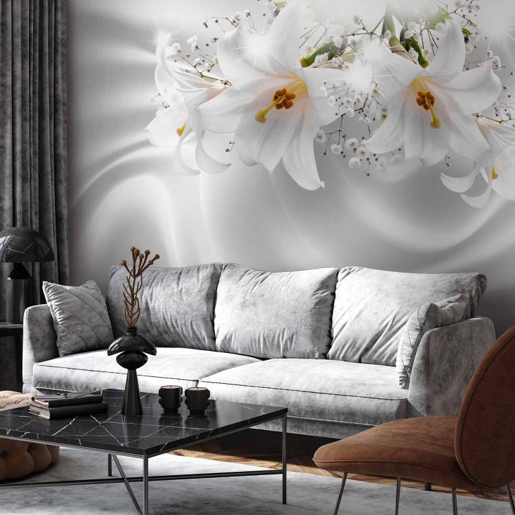 Wall Mural Royal white - white lilies on a textured solid fabric background
