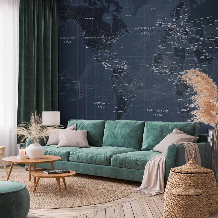 Wall Mural World map in blue - continents with inscriptions in English ...