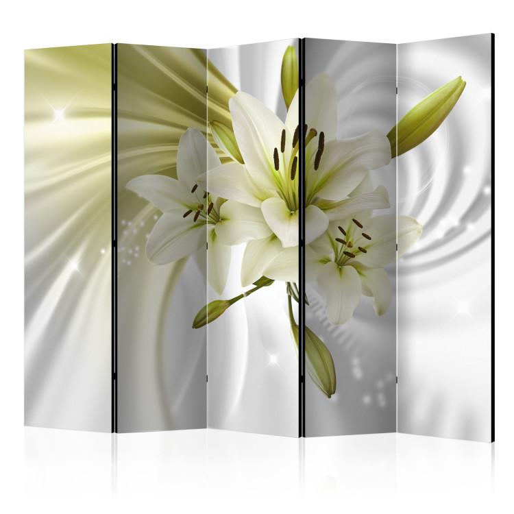 Room Divider Green Enchantment II - white-green lily flowers on a white swirl background