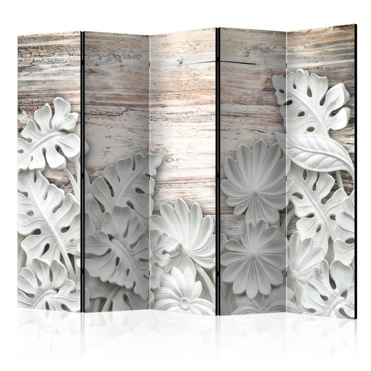Room Divider Alabaster Grove II - white stone flowers on wooden texture