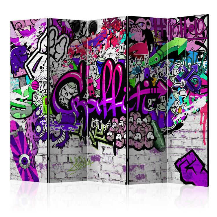 Room Divider Purple Graffiti - artistic urban patterns on a brick texture
