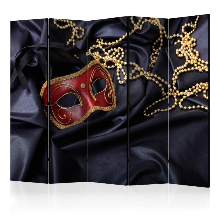 Room Divider Carnival II - mask next to golden jewels on black fabric