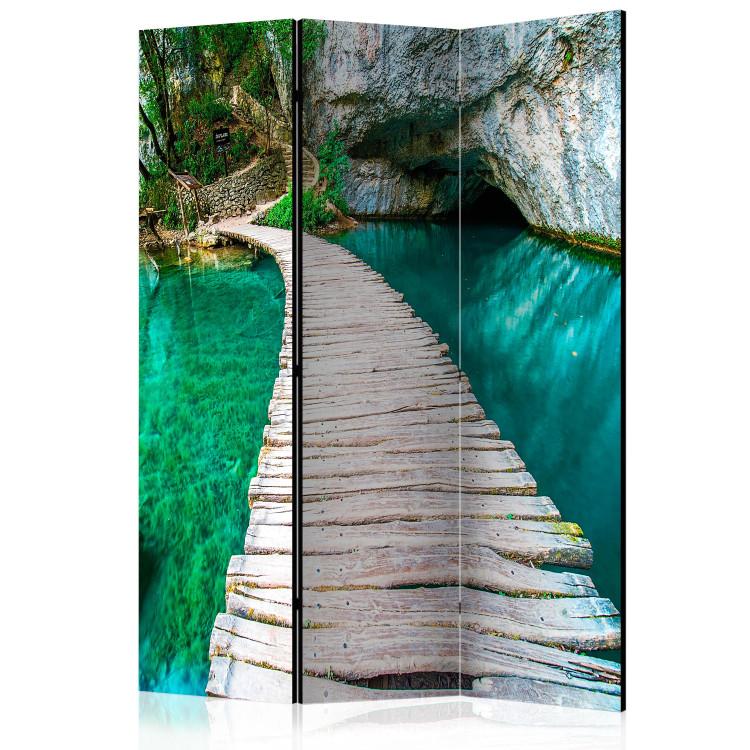 Room Divider Emerald Lake - landscape of a lake and a wooden long bridge