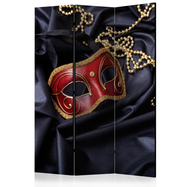 Room Divider Carnival - Venetian mask next to golden jewels on black fabric