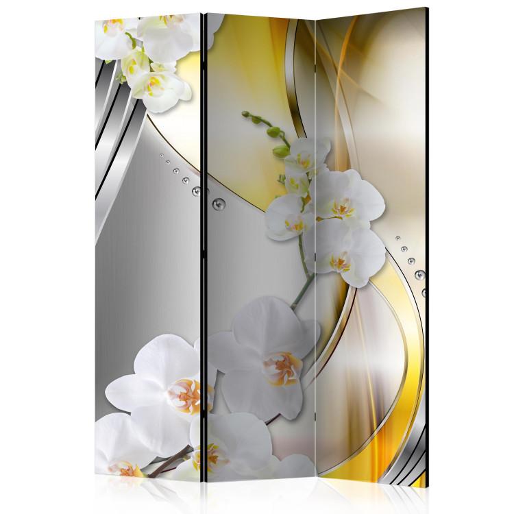 Room Divider Yellow Journey - white orchids on a background of silver and yellow abstraction