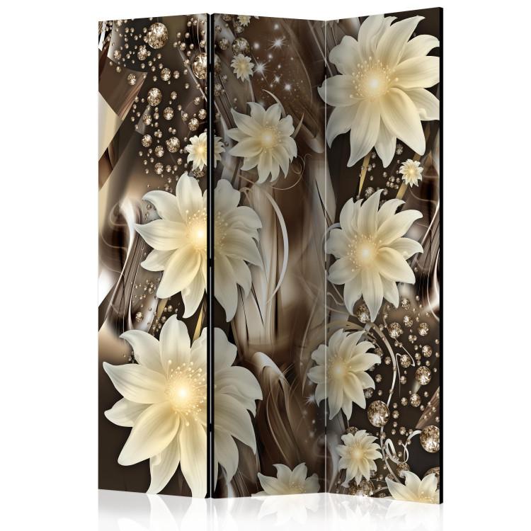 Room Divider Depth of Bronze - white flowers against the glow of brown abstract waves