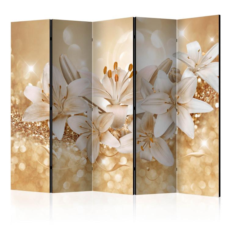 Room Divider Royal Retinue II - white lilies against the glow of golden ornaments