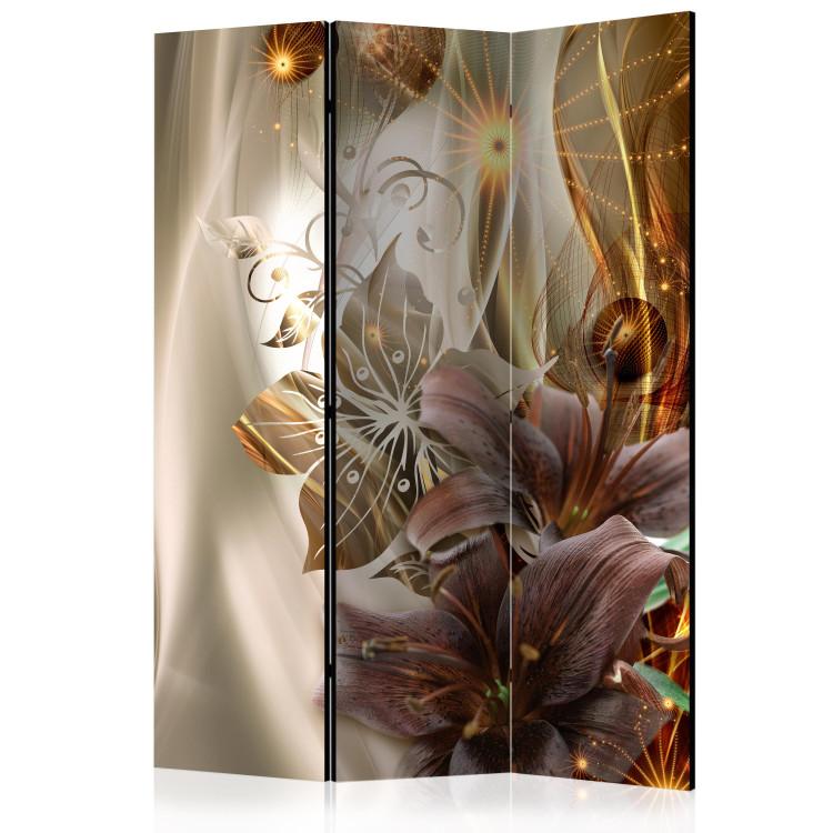 Room Divider Amber Land - lilies on a background of bronze ornaments and wave