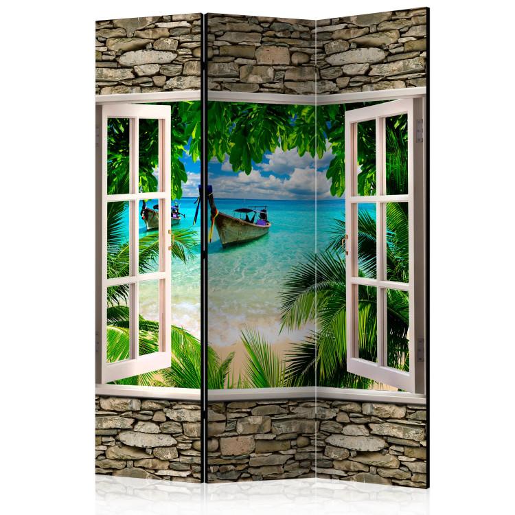 Room Divider Tropical Beach - window on a stone texture overlooking the sea