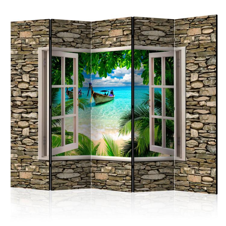 Room Divider Tropical Beach II - stone texture with a window overlooking the sea