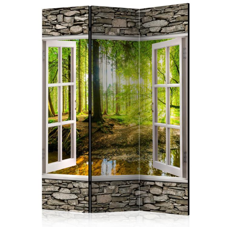 Room Divider Morning Forest - stone texture with a window overlooking the forest nature