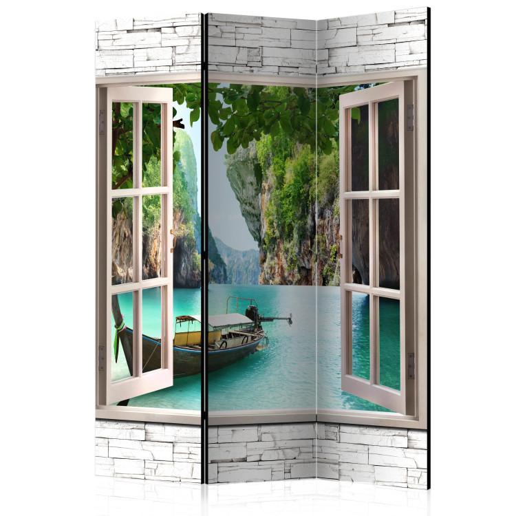 Room Divider Thai Paradise - window on a stone texture overlooking water and mountains