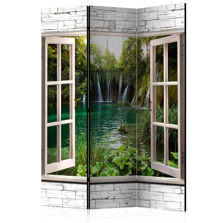 Room Divider Green Treasure - stone texture window overlooking a waterfall and trees