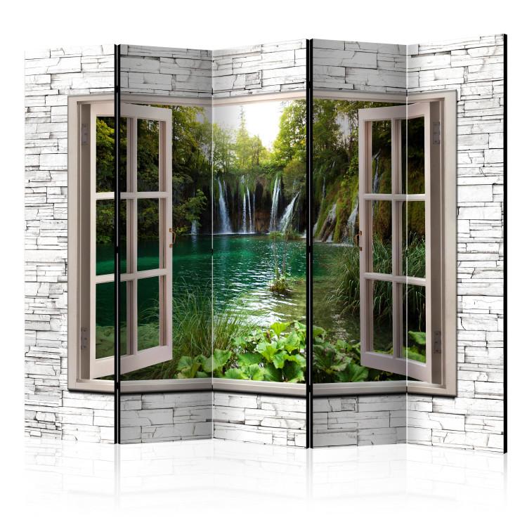 Room Divider Green Treasure II - window on a stone texture overlooking a waterfall