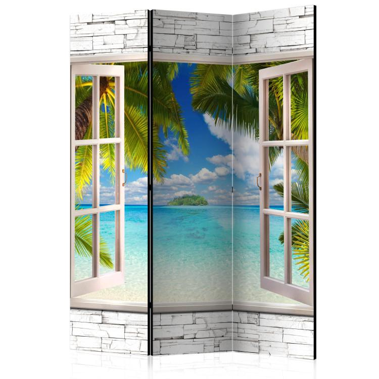 Room Divider Island of Dreams - window with a stone texture overlooking palm trees and the sea
