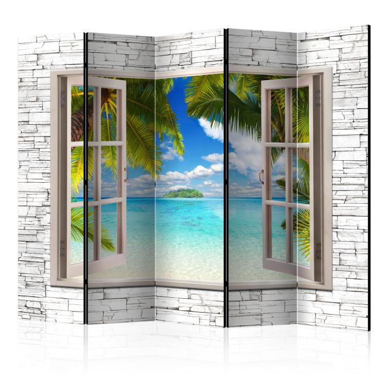 Room Divider Island of Dreams II - stone texture window with a view of the sea and palm trees
