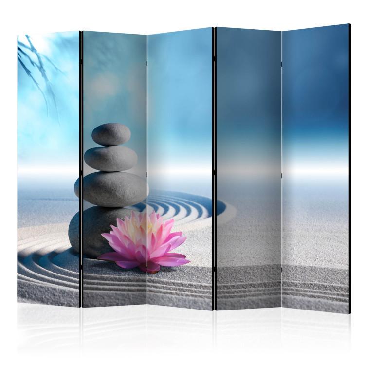 Room Divider Zen Garden II - plants and stones lying on sand on a blue background
