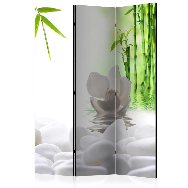 Room Divider Lake of Silence - white stones and orchid flowers against a bamboo and water background