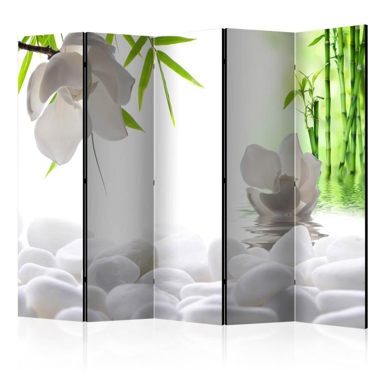 Room Divider Lake of Silence II - orchid flowers and white stones against a bamboo background