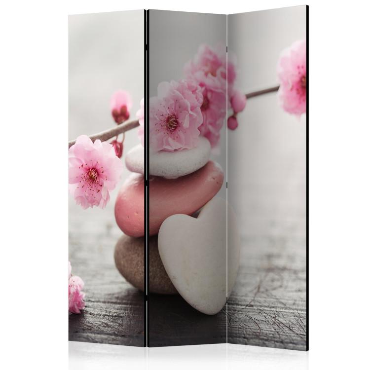 Room Divider Zen Flowers - colorful stones and pink plants on a wooden table