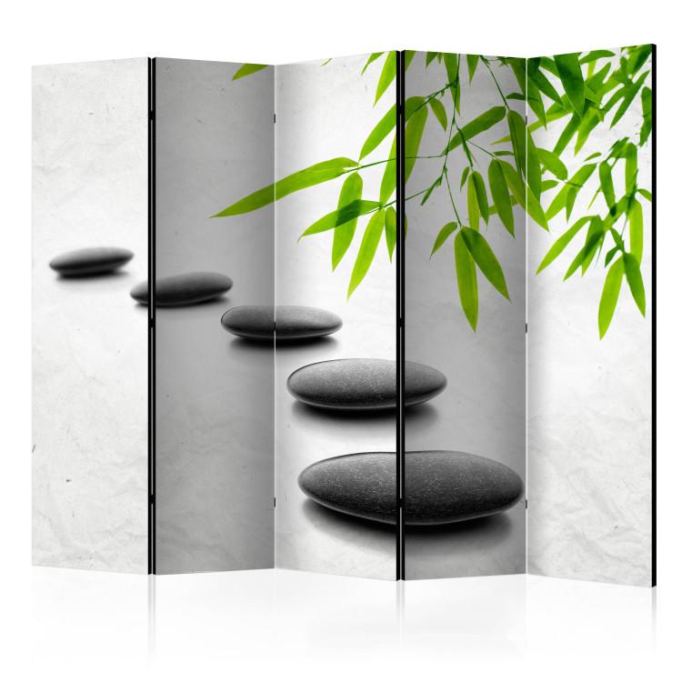 Room Divider Zen Stones II - flat stones and bamboo leaves on a white background
