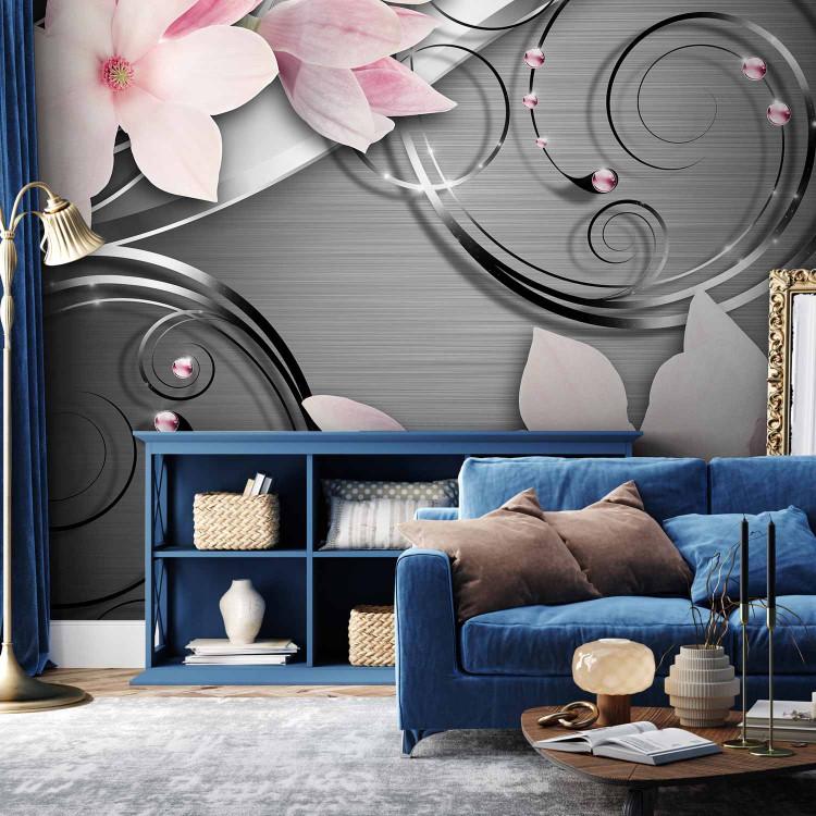 Wall Mural Floral motif - pink magnolia flowers on a background with a metallic effect
