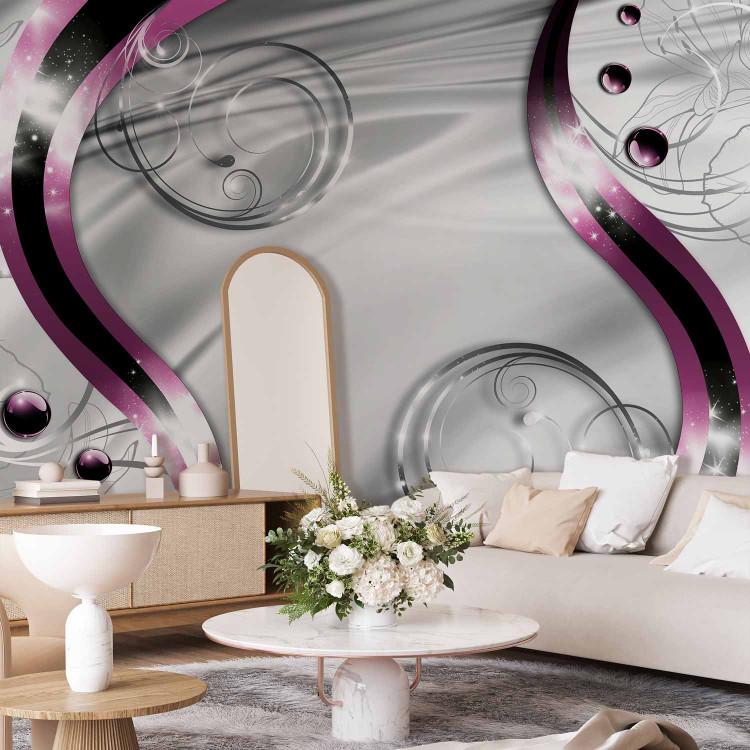 Wall Mural Touch of satin - flower type ornaments on a silver background with purple