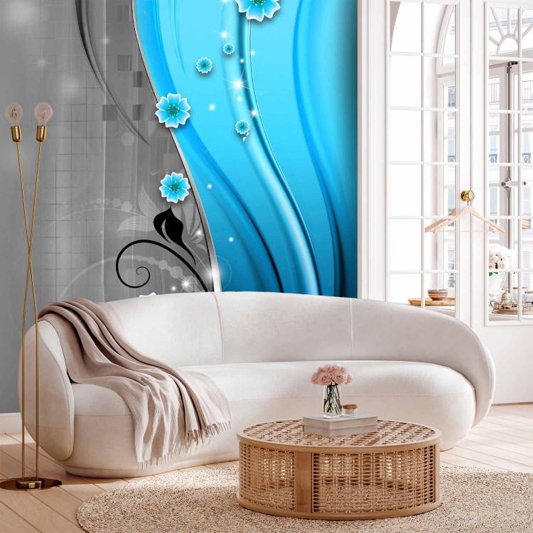 Wall Mural Turquoise nature - irregular columns with flowers on a silver background