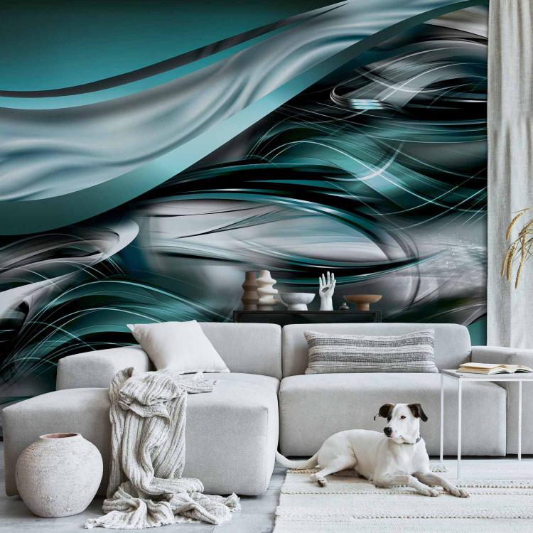 Wall Mural Ice storm - turquoise abstract with waves and silver glitter
