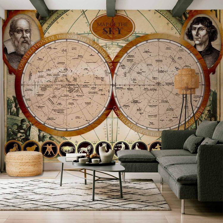 Wall Mural Yellow sky map - outline of constellations with zodiac sign symbols