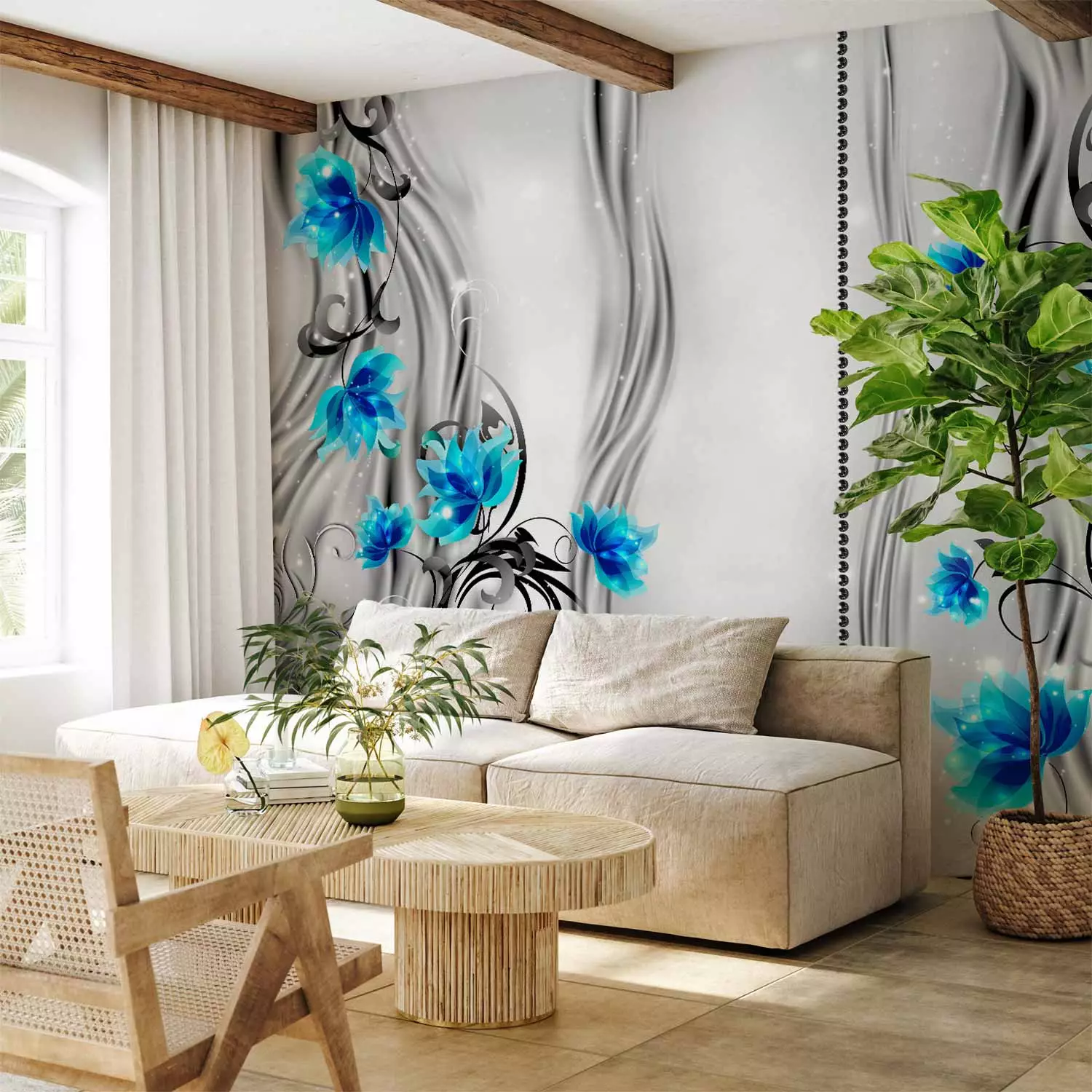 Wall Mural Blossoming turquoise blue flowers on a background