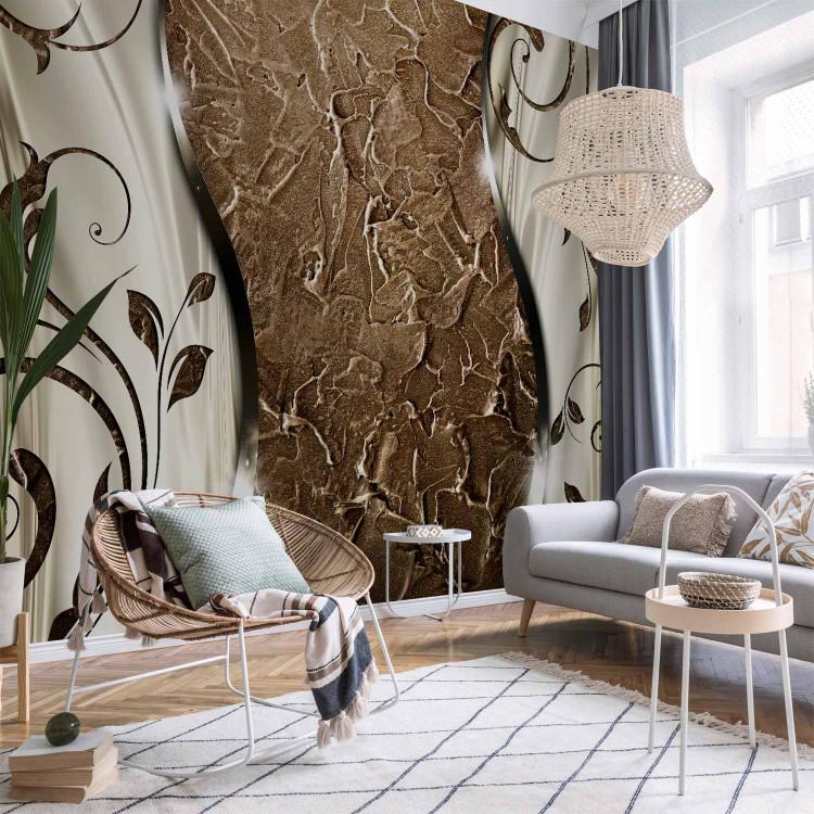 Wall Mural Composition with leaves - brown texture with shiny light silk
