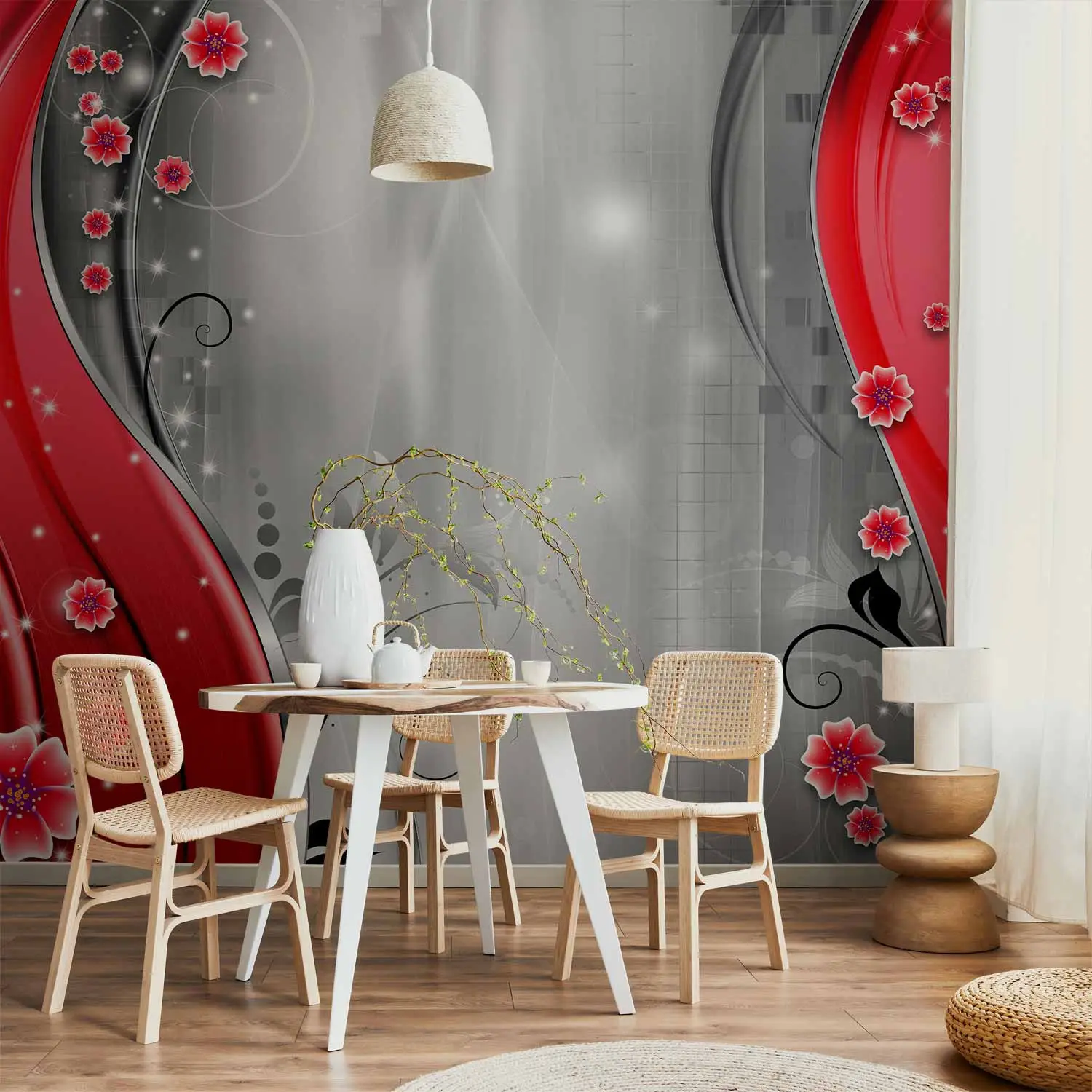 red and grey wallpaper living room