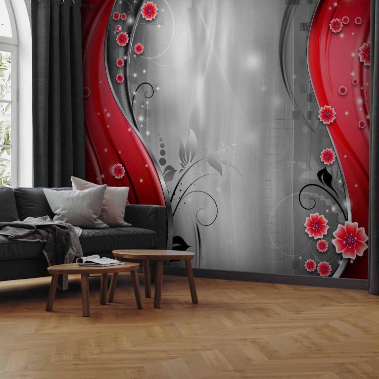 Wall Mural Behind the red curtain - modern background with red flowers and glitter