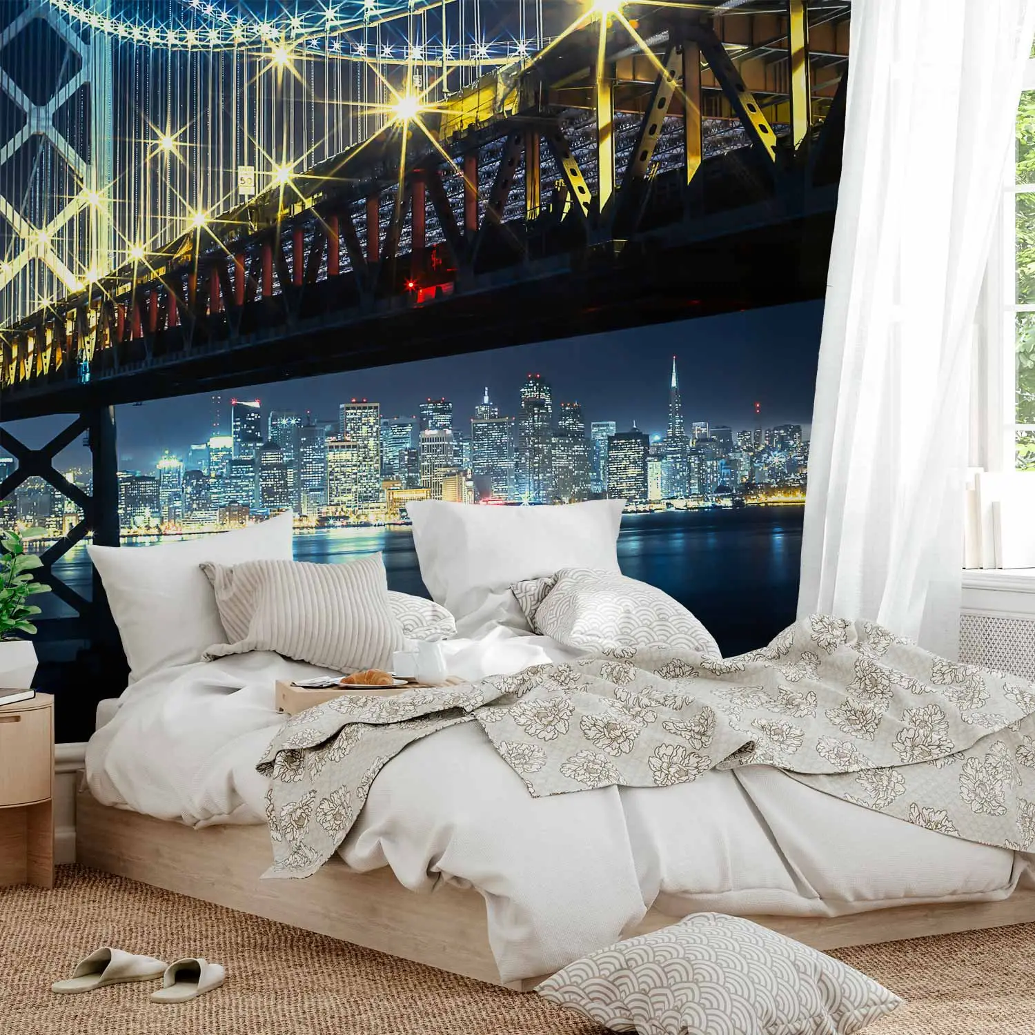 Fresque Murale Bay Bridge San Francisco Noir Et Blanc - 72x100 Pouces - Décor Amovible