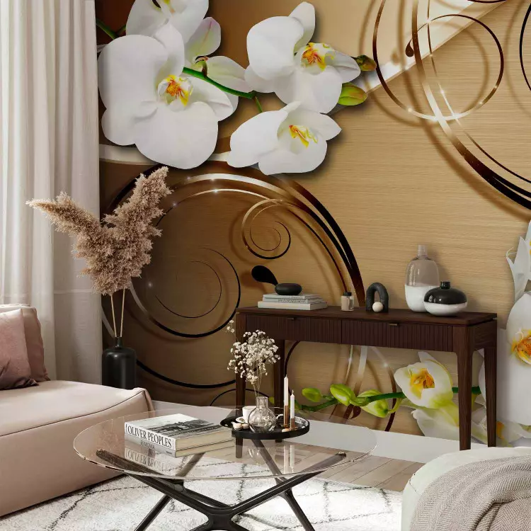 Wall Mural White orchids - floral motif with ornaments on a gold background