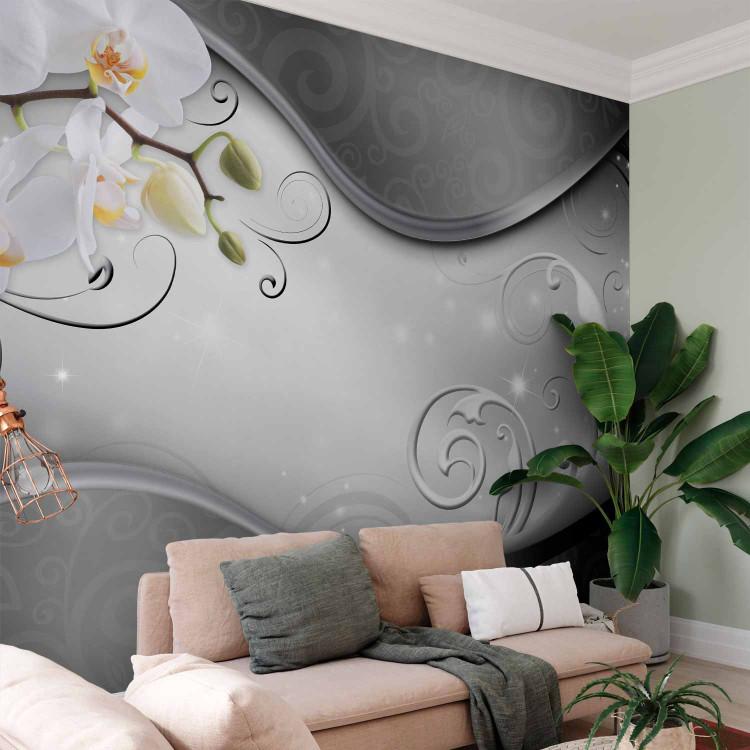Wall Mural Flowering orchids - white flower motif with ornaments on a silver background with patterns