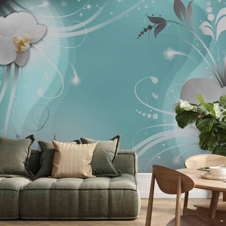 Wall Mural White orchid - motif of white flowers and silver patterns on a turquoise background