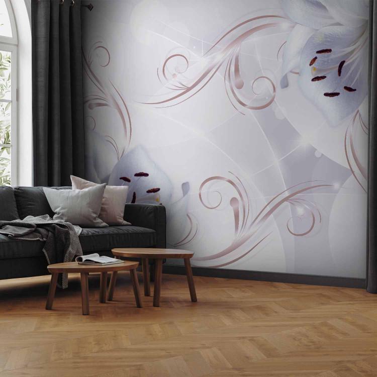 Wall Mural Scent of a lily - motif of white flowers on a background with ornaments and glitter