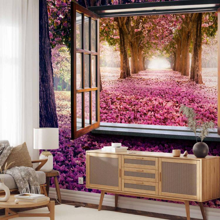Wall Mural Window in the middle of the forest - view from the window on a purple landscape of trees and flowers