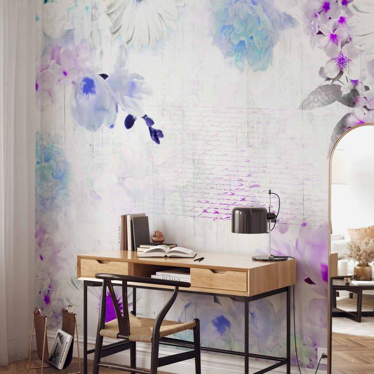 Wall Mural Pastel composition - pale coloured flower motif with text