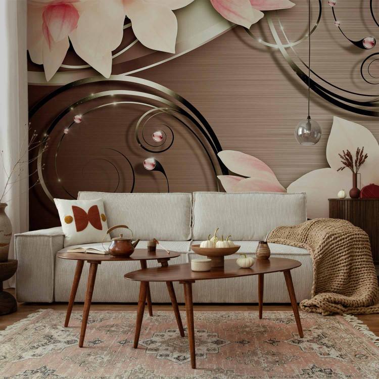 Wall Mural Pink magnolias - abstract floral motif with gold ornaments