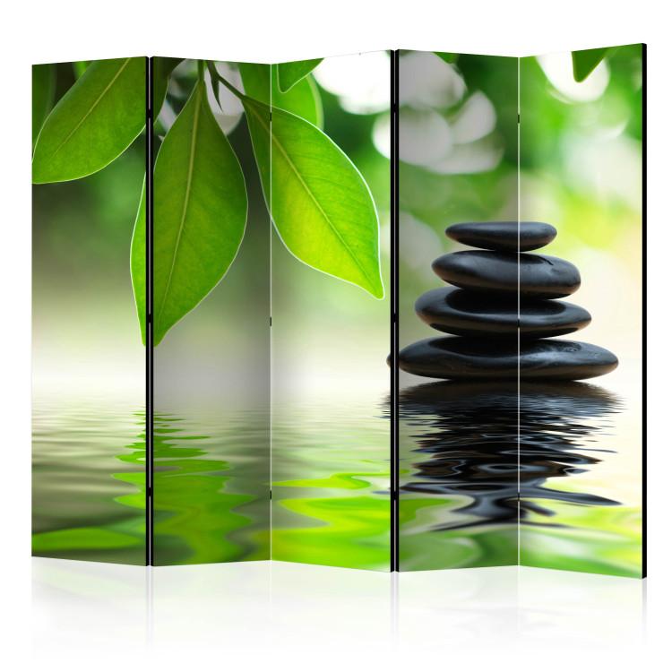 Room Divider Tranquility II - black oriental stones against green leaves and water