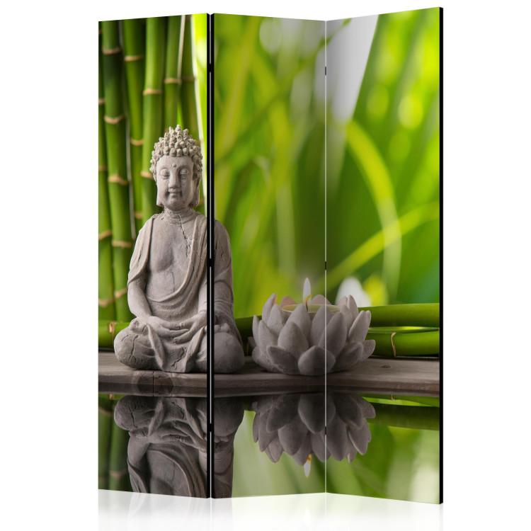 Room Divider Meditation - oriental Buddha in front of water against green bamboo background