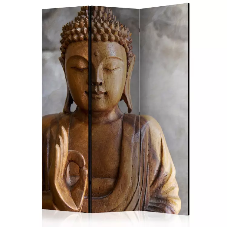 Room Divider Buddha - wooden Buddha texture on a gray background in an oriental motif